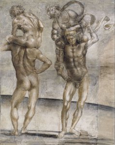 Two nude youths carrying a young woman and a young man